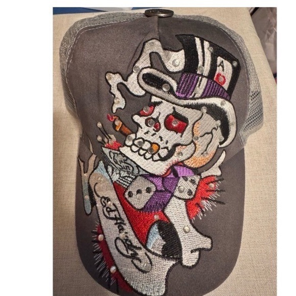 VTG Ed Hardy Trucker Hat Tattoo Cap Skull Rhinestone Dice SnapBack